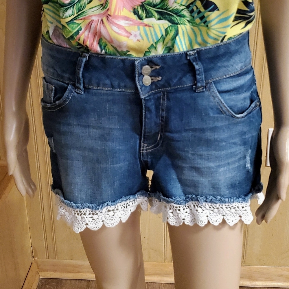 Clock House Denim Shorts with Lace Trim